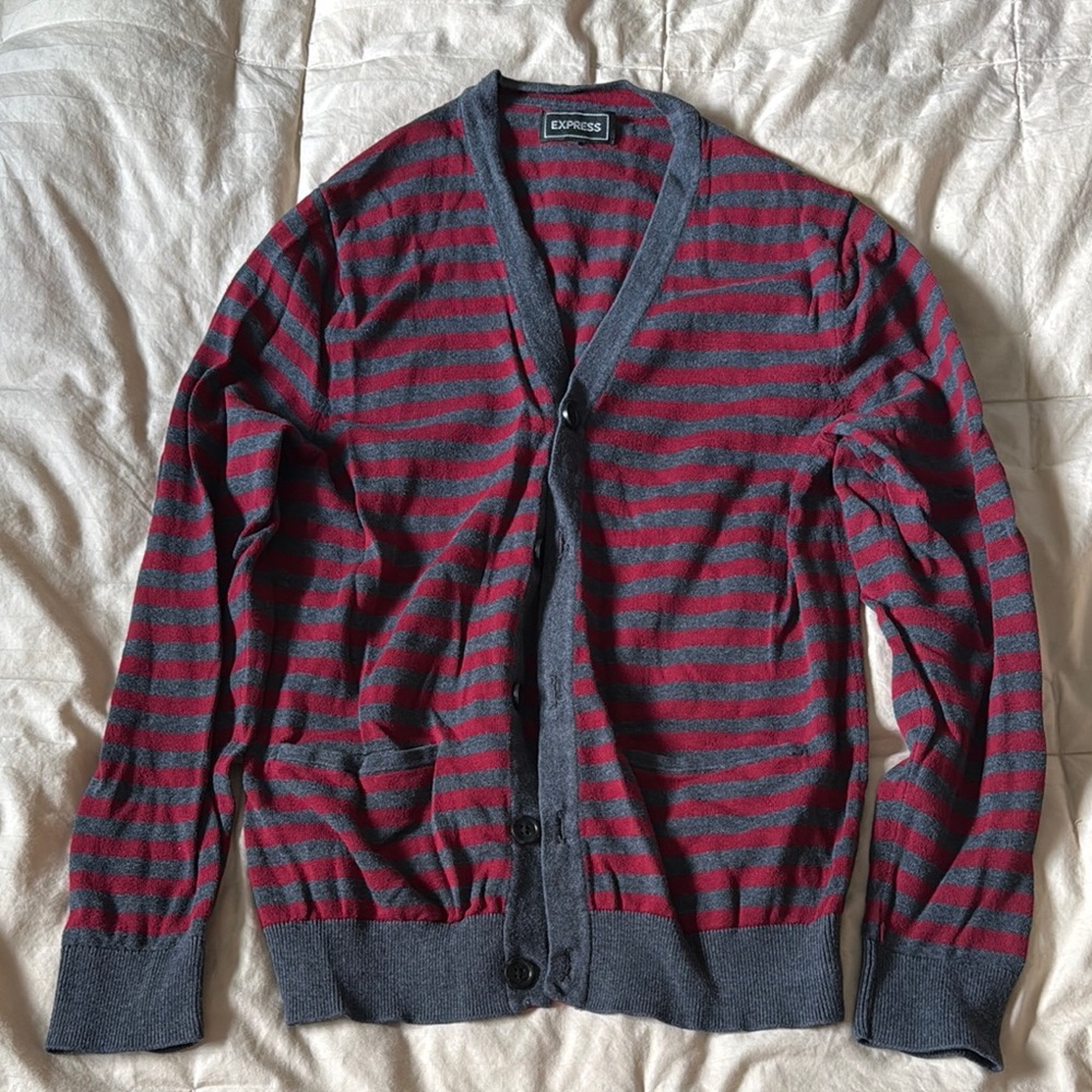 Express Red and Gray Striped Cardigan XS